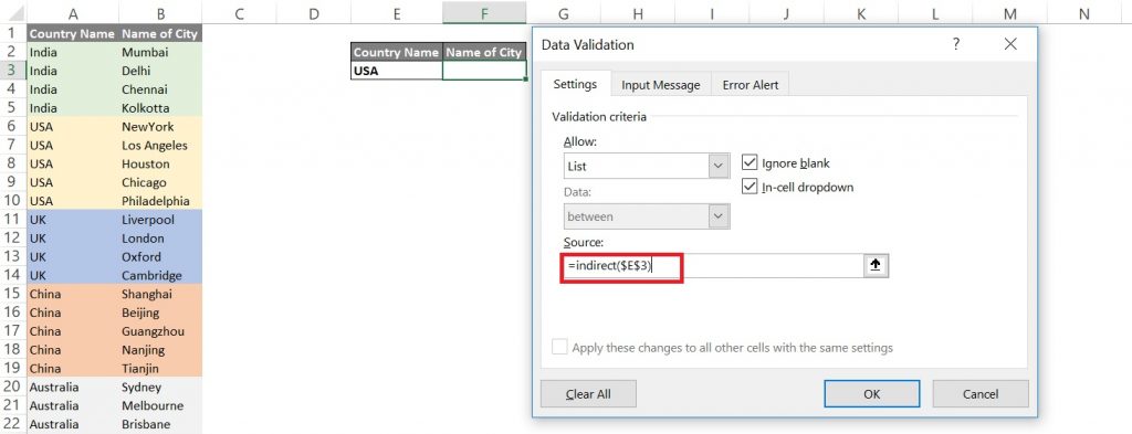 use of indirect function in excel data validation list