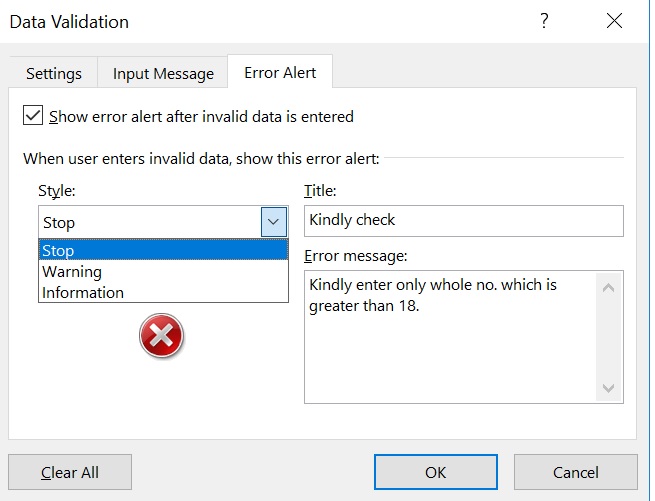 how to create a customized error alert in excel