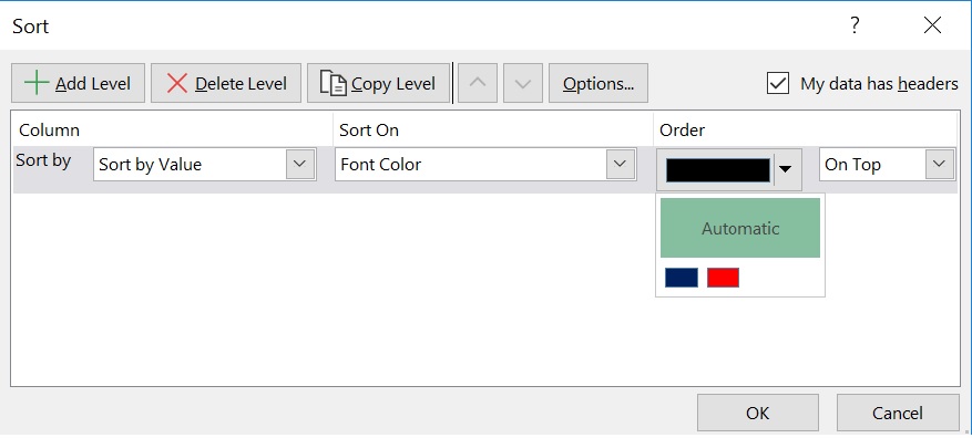 Sorting the data by font color