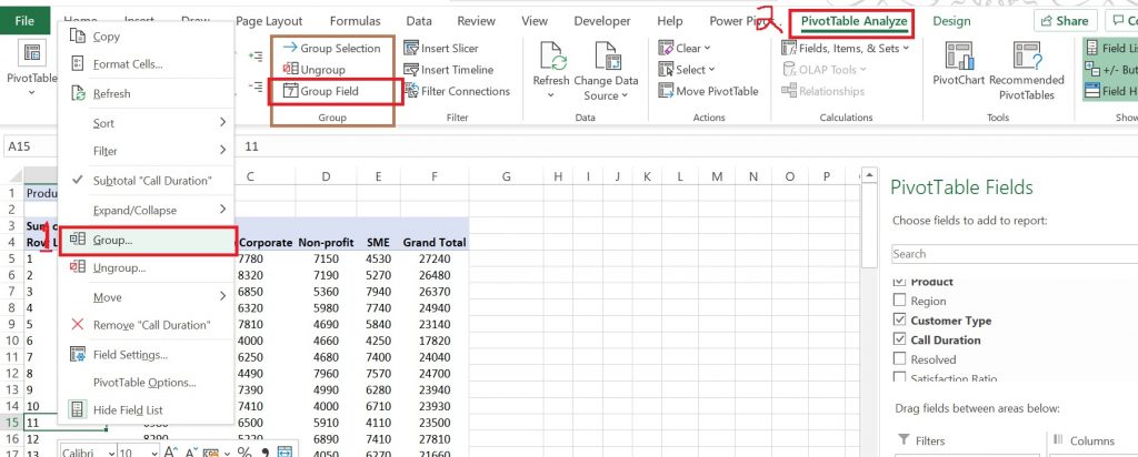 How to group data in pivot table