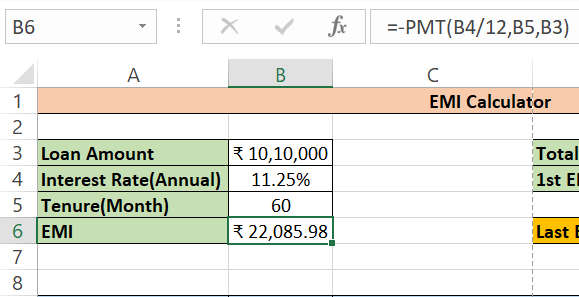 Example of PMT function in excel