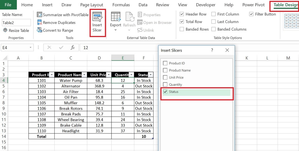 Use of slicer in excel table