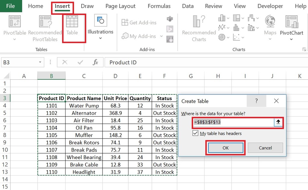 How to create excel table