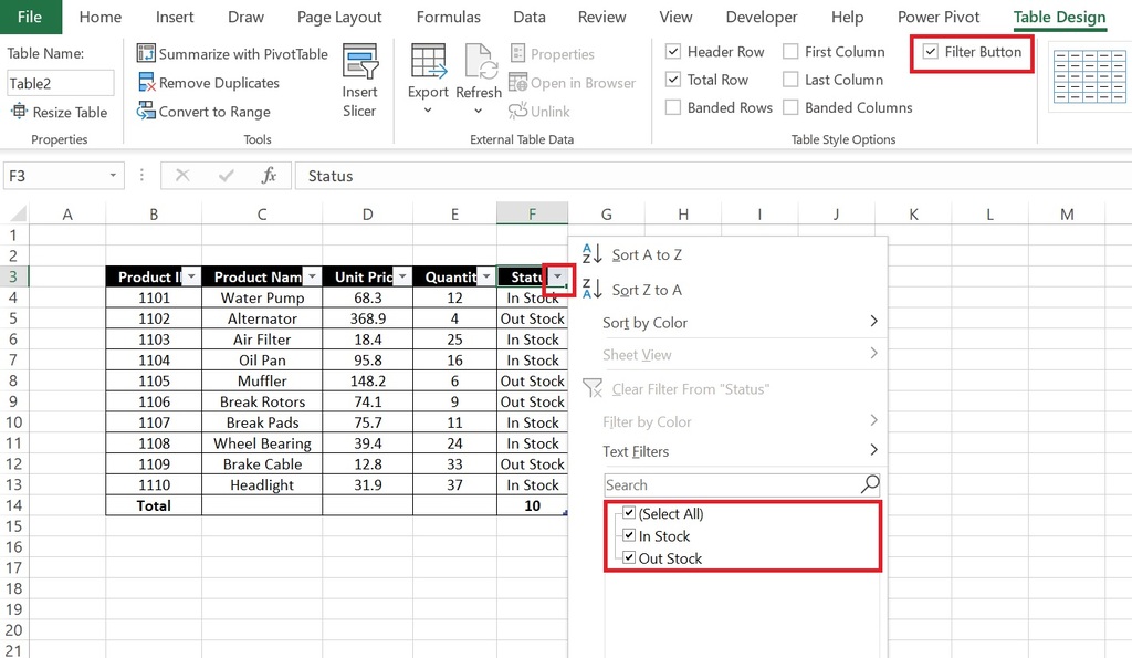 filter option in excel table