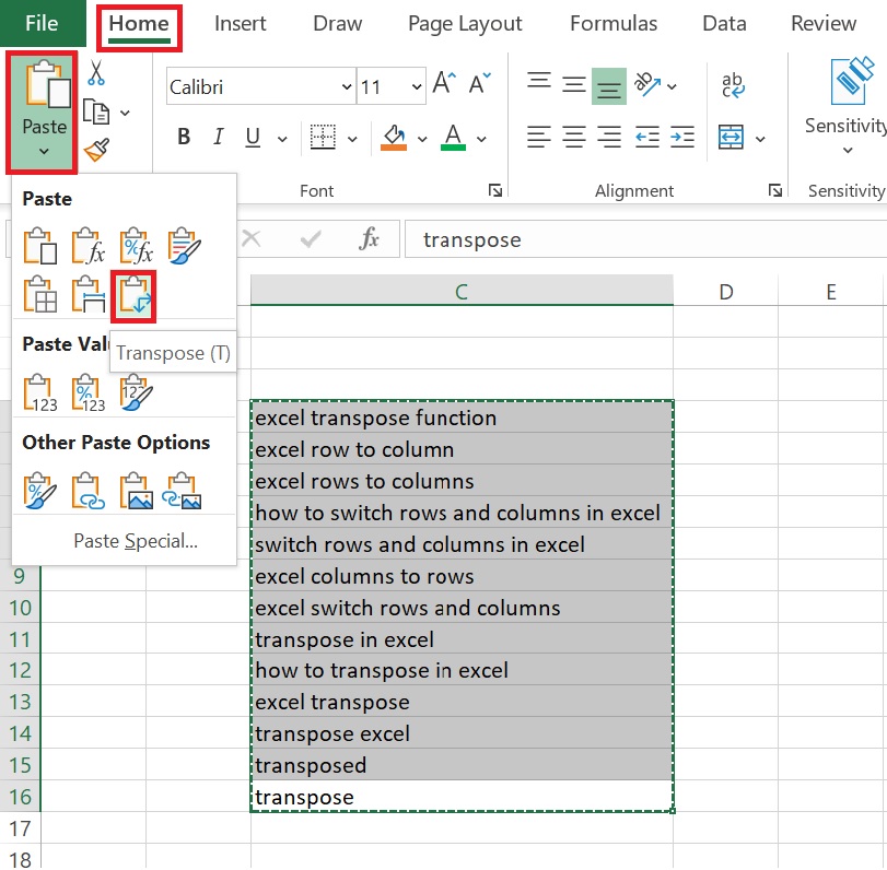 Excel rows to columns transpose