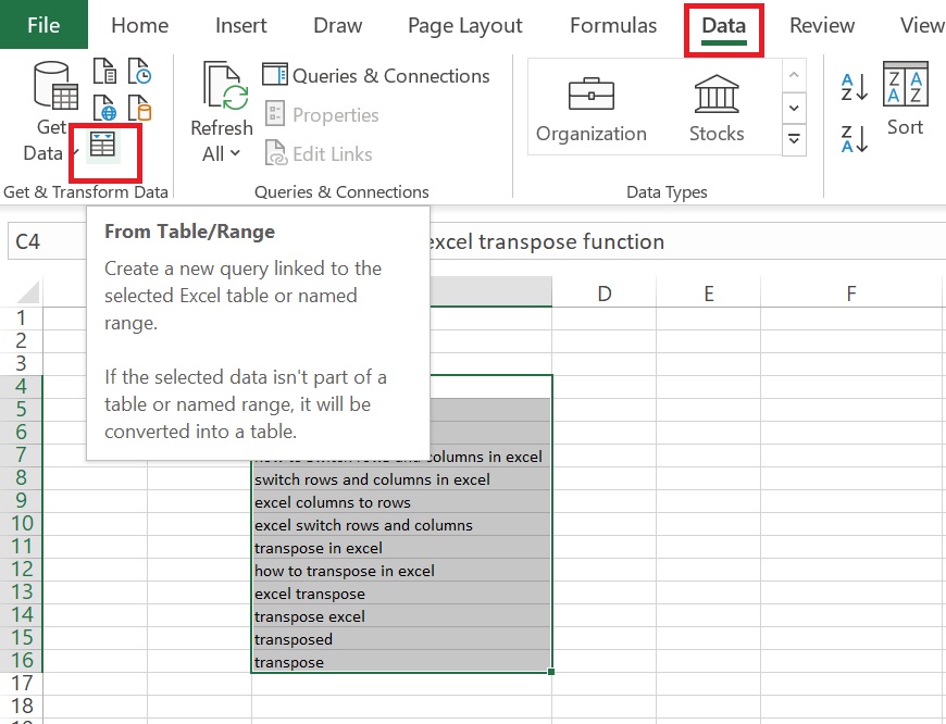 excel transpose function