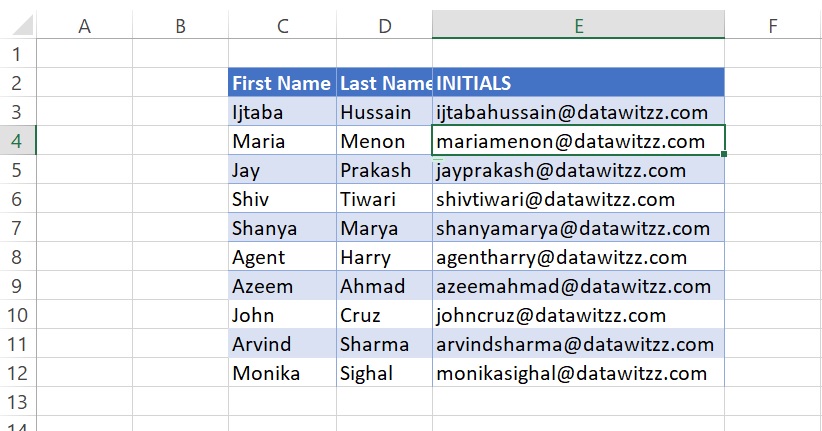 creating email id with flash fill in excel