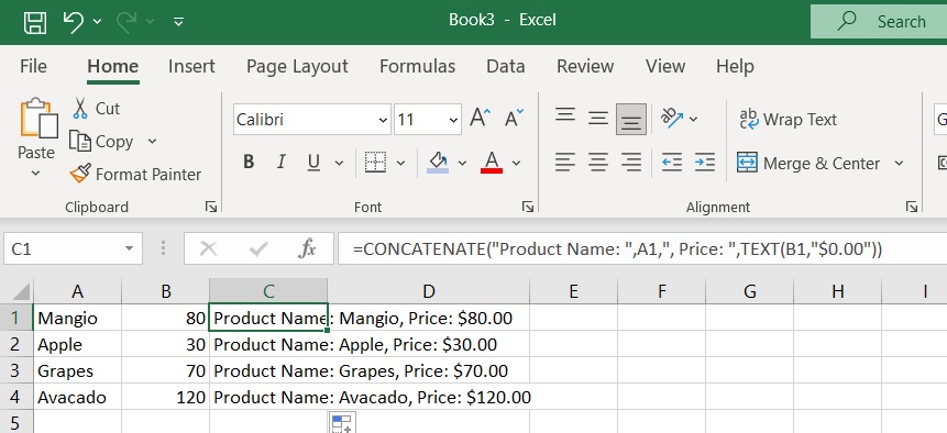 Concatenating text and numbers in Excel
