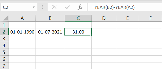 YEAR function of excel