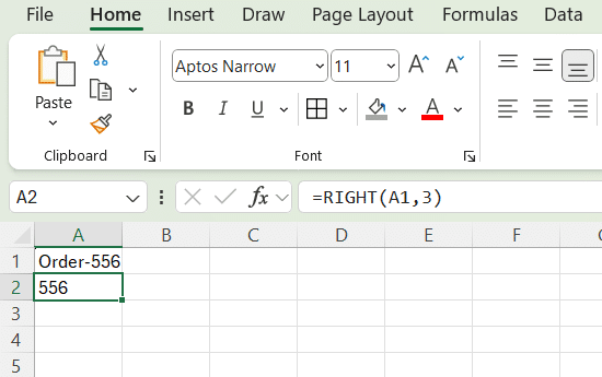 RIGHT function in excel