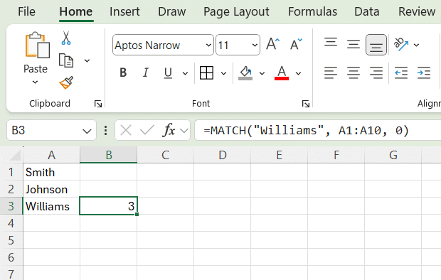 MATCH function in excel