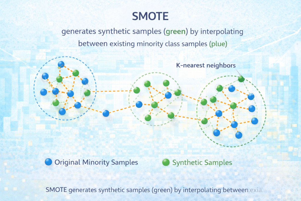 SMOTE algorithm creating synthetic minority class samples through interpolation between nearest neighbors