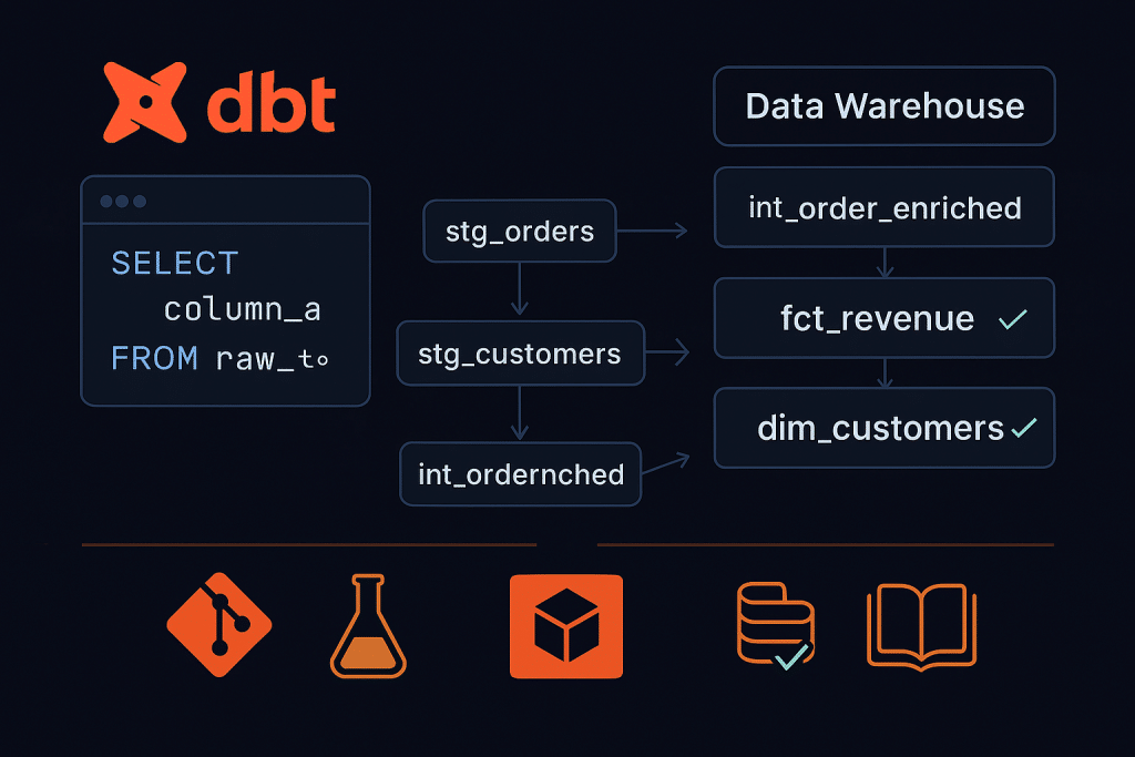 dbt data build tool diagram showing SQL model DAG, version control, automated testing, and documentation generation for ELT transformation pipelines