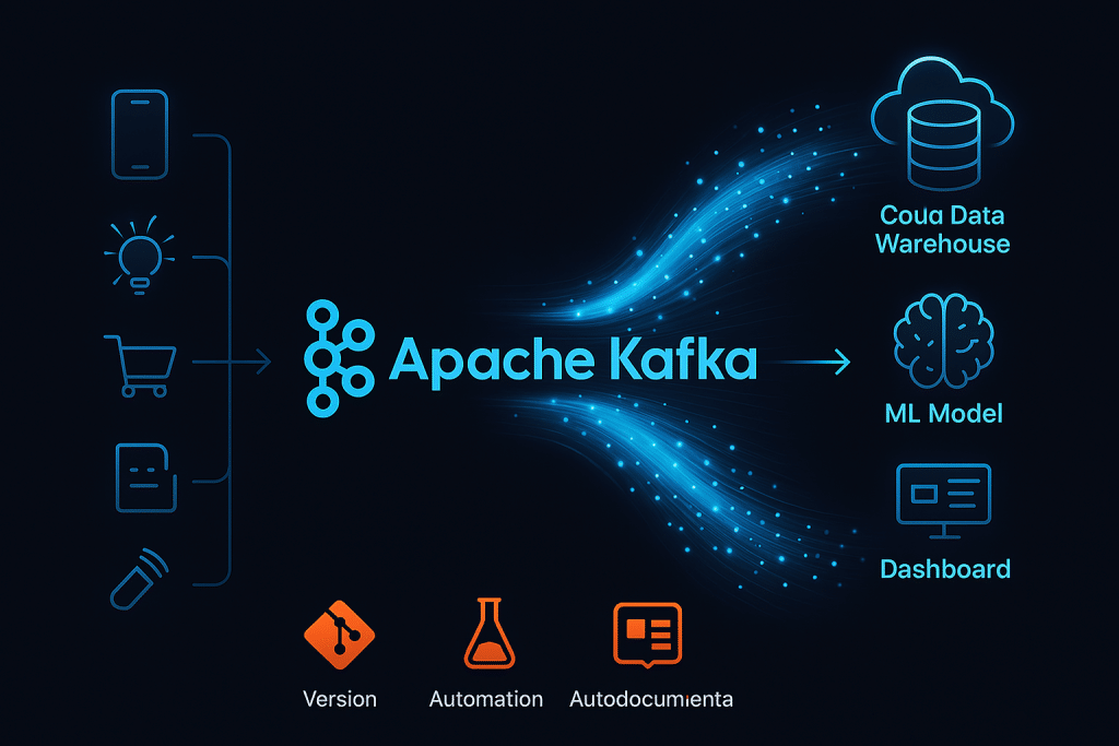 Real-time streaming data pipeline diagram with Apache Kafka showing event sources flowing to cloud warehouse and machine learning models